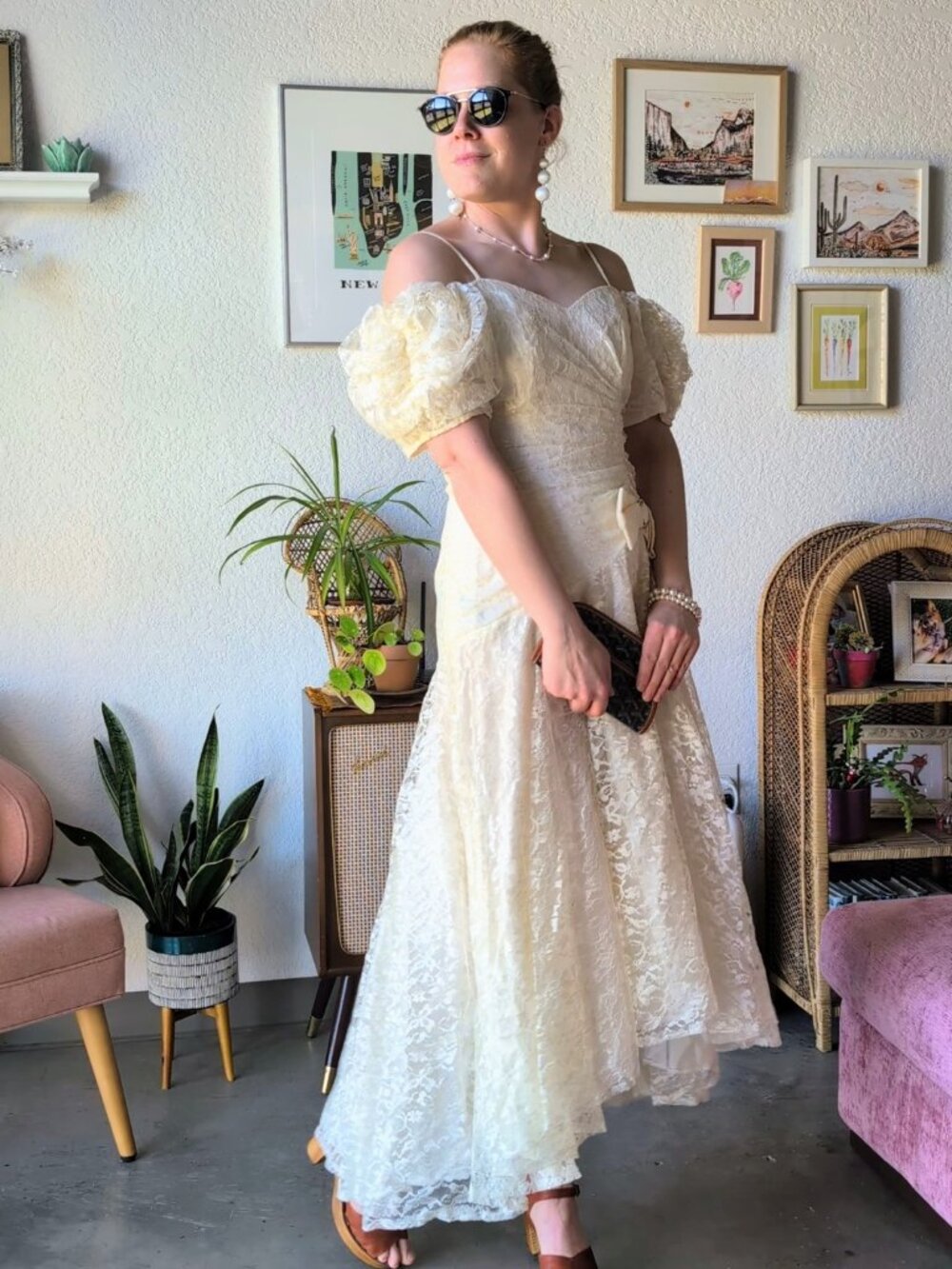 Vintage 80s Union Made Ivory Lace Off The Shoulder Midi Dress Party Wedding Prom